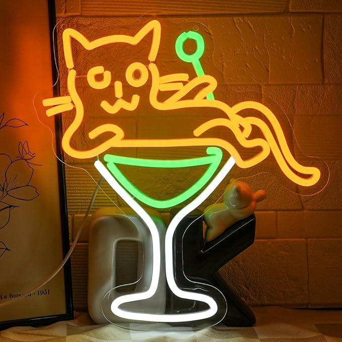 Cat Martini Neon Sign Cat LED Wall Light Yellow Animal Neon Lights for Bar Dimmable Cocktail LED Neon Signs for Kitchen, Home Decor, Cocktail Lounge, Cat Lover Gift