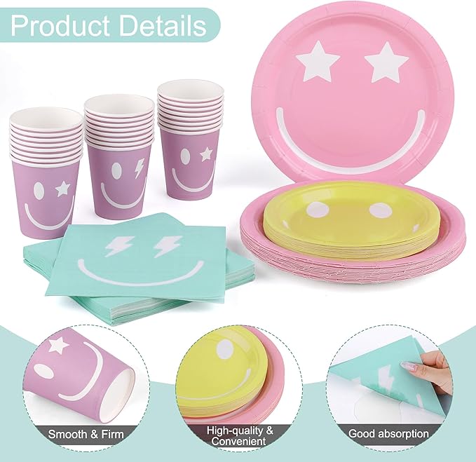 96 Piece Preppy Smiley Face Party Paper Plates Preppy Smile Face Party Decorations Preppy Tableware Set Paper Smile Face Plates Cups Napkins Cutlery Serve 24 Guest for Birthday or Baby Shower
