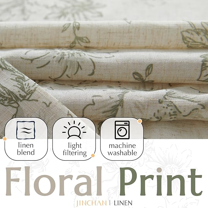 jinchan Lined Linen Blend Curtain Floral Curtains for Living Room 96 Inches Long Christmas Green Peony Flower Printed Curtain Back Tab Farmhouse Patterned Drapes Bedroom Curtains Set 2 Panels