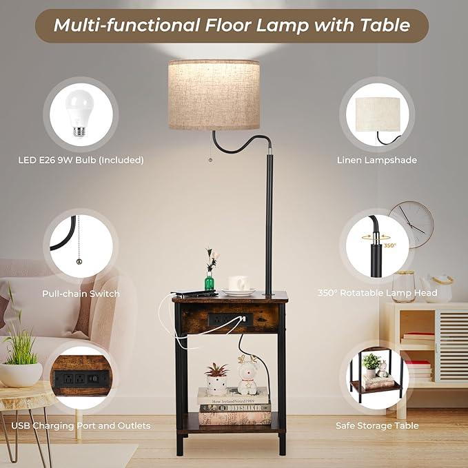 FIMEI Floor Lamp with Table, End Table with Charging Station USB Ports & Outlets, Bedside Table 3 Color Temperature Reading Light, Nightstand with Shelves for Living Room, Bedroom, Apartment