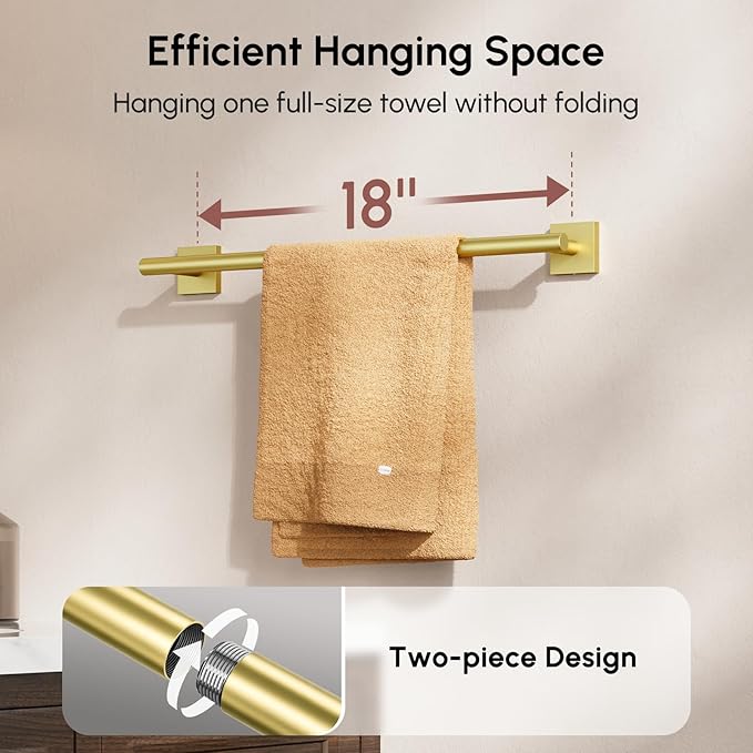 USHOWER Brushed Gold Towel Bar, 18 Inch Towel Racks for Bathroom Wall Mounted, 304 Stainless Steel Towel Holder with Square Base, Modern Home Decor (Total Length 20 Inch)