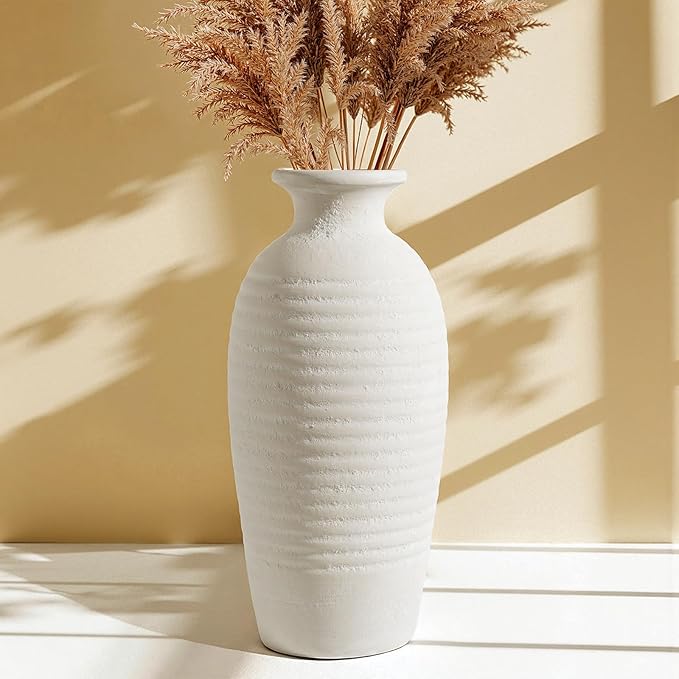 Rustic Ceramic Tall Vase 14.4” Large Handmade Flower Vases for Farmhouse Decor Living Room Shelf Styling Waterproof Off-White Pottery Jar for Pampas Grass Wedding or Housewarming Gift