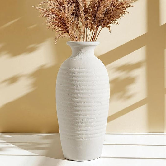 Rustic Ceramic Tall Vase 14.4” Large Handmade Flower Vases for Farmhouse Decor Living Room Shelf Styling Waterproof Off-White Pottery Jar for Pampas Grass Wedding or Housewarming Gift