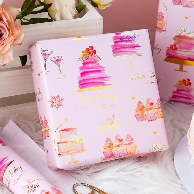Merture Pink Wedding Wrapping Paper Roll - Foil Doodle Style Gift Wrap with Sweet Cake Pattern - 17 In X 32.8 Ft(46.5 sqft) for Wedding, Bridal Shower, Valentines Day, Girls Birthday Party