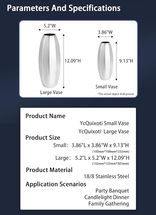 YcQuixoti Small Silver Prismatic Mirror 18/8 Stainless Steel Metal Vase Stands 9.13 inches Tall.Ideal for Dried Flower Arrangements Decor Gift for Spa Wedding Home or Votive Candle Candle Gardens