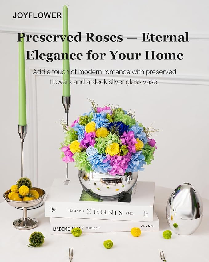 JoyFlower Preserved Flowers Vase Glass Decor, Eternal Flower Vases for Centerpiece, Forever Flower Decorations for Home Wedding Party Table Living Room Bedroom, Preserved Roses in Glass Vase(Colorful)