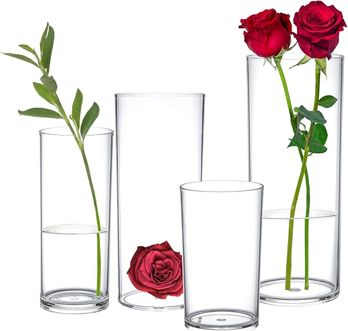 KLIFA- Carlsbad- Set of 4 Pieces, 6, 7, 9 & 10 Inch Tall, Plastic Cylinder Vases for Centerpieces, Acrylic Flower Vase for Wedding Centerpieces, Home Decorations, Clear
