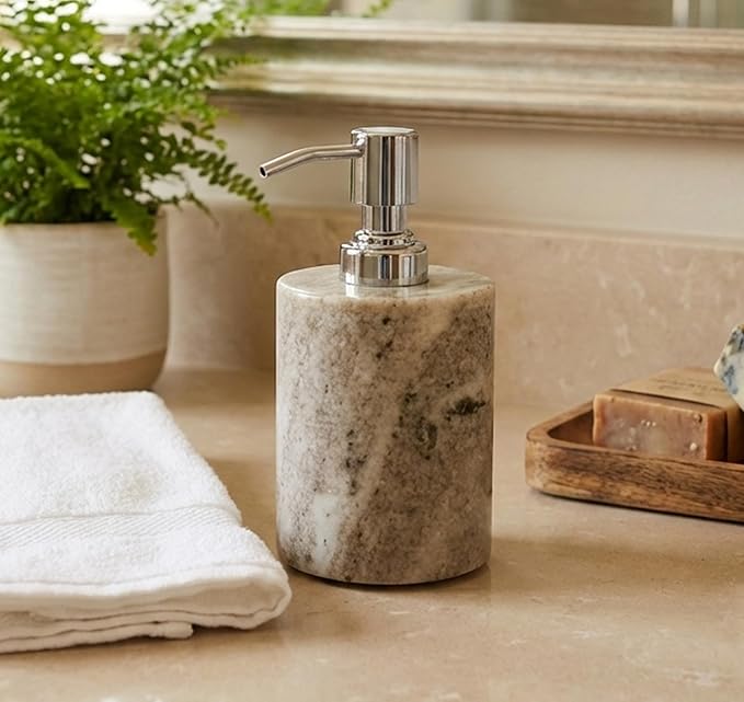 KLEO Soap Dispenser Lotion Dispenser - Made of Natural Stone - Luxury Bathroom Accessories Bath Set (Brownish)