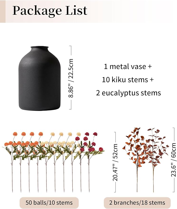 BLOSMON Flower Centerpiece Table Decorations: Metal Vase with 12 Stems of Fake Mums Kiku Flowers Eucalyptuses for Home Dining Room - Burnt Orange Artificial Pom Poms Floral Arrangement in Vase