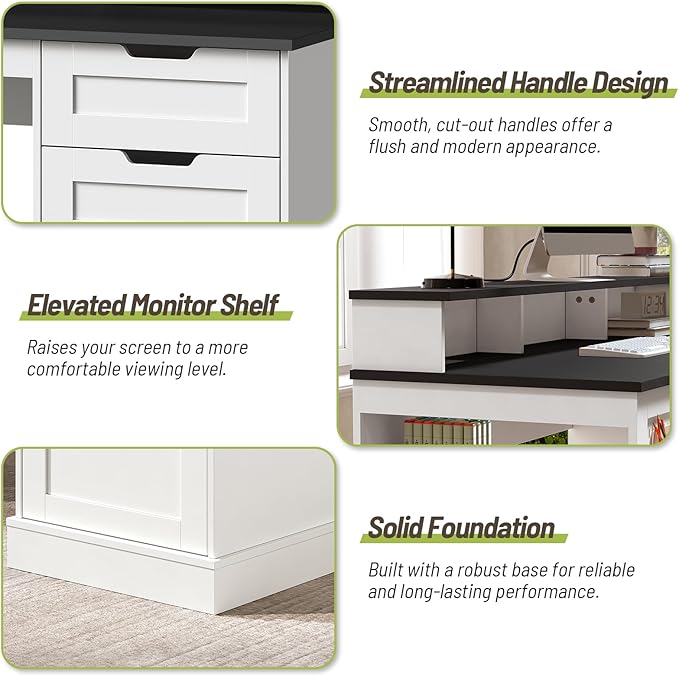 55-Inch Farmhouse Executive Desk with 2 Drawers and File Cabinet, Computer Desk with 3-Tier Storage Shelves, Home Office Desk with Charging Station, Pegboard and Monitor Shelf, White and Black