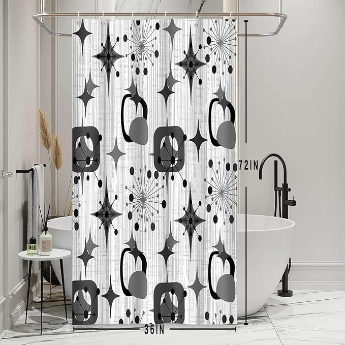 Mid Century Shower Curtain, 36x72inch, Modern Abstract Retro Grey Striped Geometric Shower Curtain Sets 1950s Boho Bathroom Shower Curtain with 6 Hooks