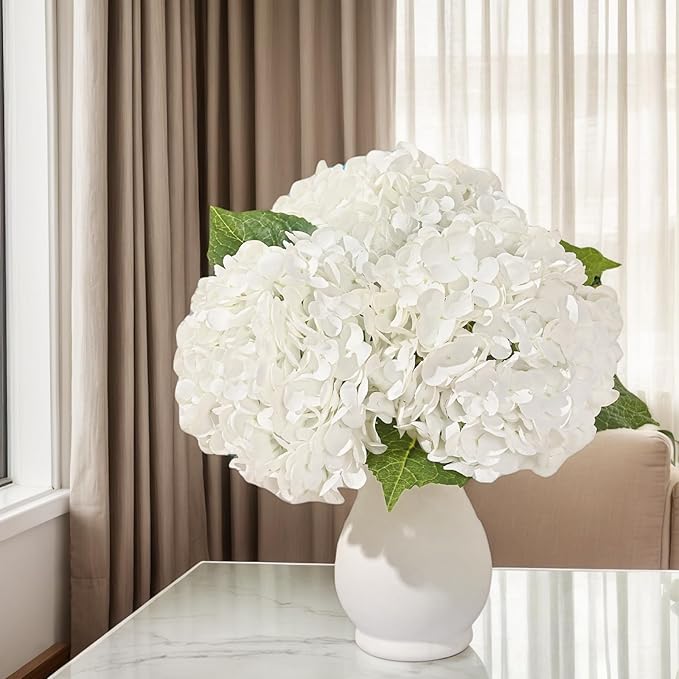 3pcs Hydrangea Artificial Flowers, 21" Real Touch Silk Faux Hydrangeas Flowers Lifelike Fake Hydrangea for Wedding Bouquets,Home Decor&Party Centerpieces (White)