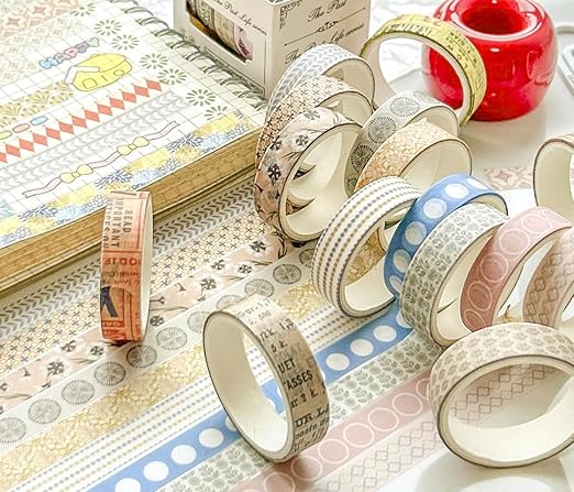 YUBBAEX 40 Rolls Basic Washi Tape Set Cute Printed Patterns Masking Skinny Creative Decorative Tapes for Arts, DIY Crafts, Journals, Planners, Scrapbook, Wrapping (Decorism 1)