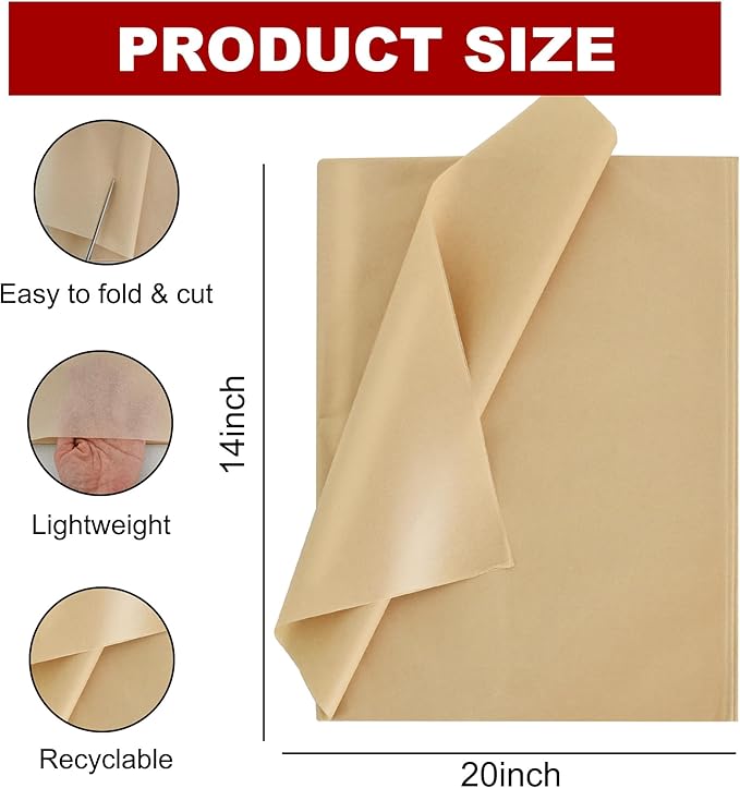 BEISHIDA 100 Sheets Khaki Tissue Paper Bulk, Wrapping Tissue Paper for Gift Bags, 14 x 20 Inch Gift Wrap for Birthday Wedding Graduation DIY Crafts Holiday Flowers