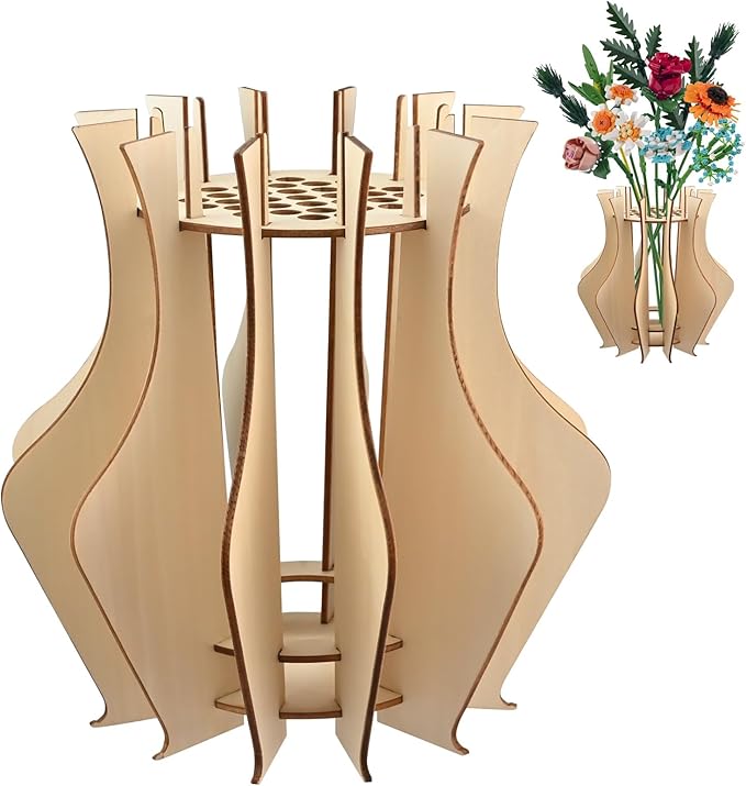 Wooden Vase for Lego Flowers - Wooden Vase for Lego Bouquet, Wood Vases Puzzle Set for LegoRoses Sunflower Tulips, Vases Kit for Artificial Bouquet Arrangement Home and Office Decoration (Wood)