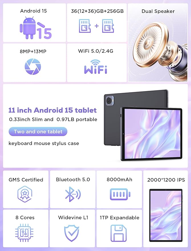 DEZLTID 2025 Tablet 10.4 inch Android 15 Tablets with Keyboard Stylus Mouse: 2K IPS Tablette (2000x1200), 36GB+256GB(1TB TF), 5G/2.4G Dual WiFi, 8-Core 1.6GHz, 8000mAh,8+13MP, Widevine L1- Black