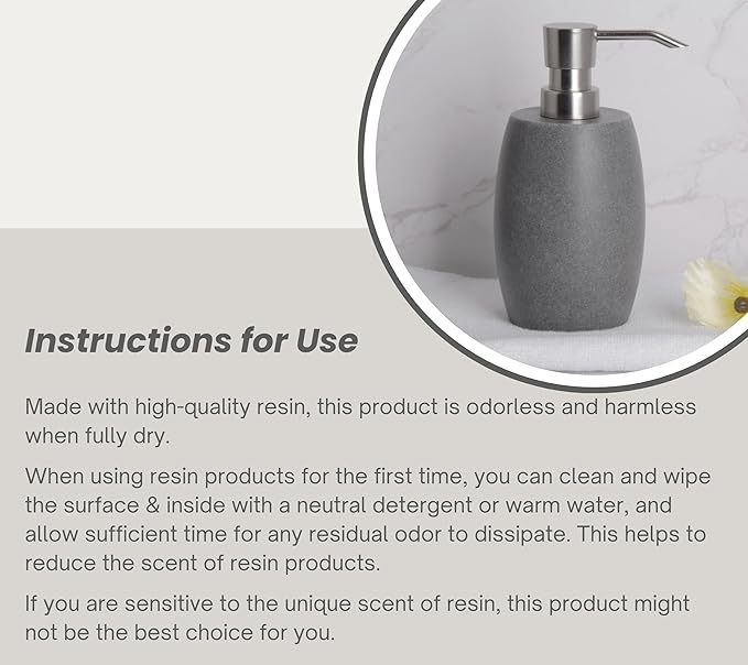 Clasin Home Sandstone Textured Resin Soap Dispenser with Metallic Pump and Waterproof Bottle Labels for Bathroom Kitchen Dish Hand Wash Shower Lotion Shampoo, 12 Oz, Gray