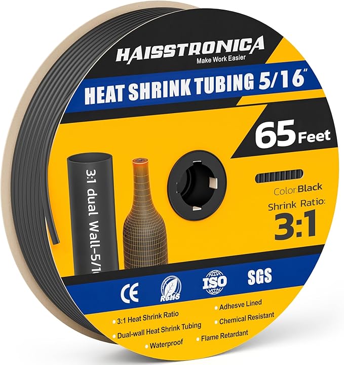 haisstronica 3:1 Heat Shrink Tubing, Shrink Ratio Adhesive Lined Marine Grade Heat Shrink Tube for Home, Automotive and Industrial (Black) 65FT 5/16inch