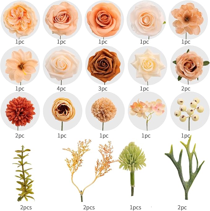 SwanMoon Artificial Flowers Combo Box Set, 30pcs Silk Champagne Roses & Peony with Stems for DIY Wedding Bouquets, Baby Shower, Party Centerpieces & Home Decor