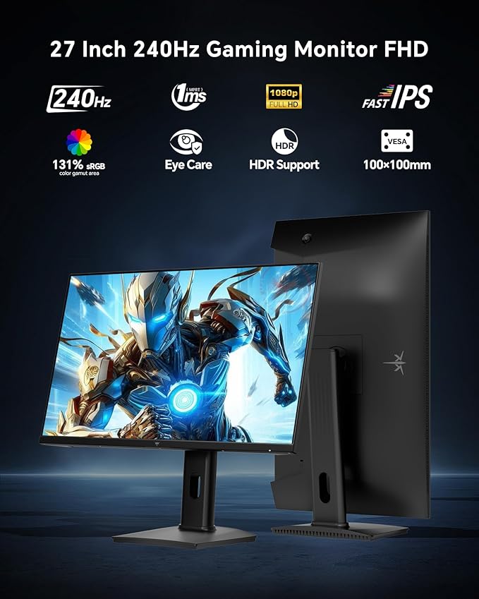 KTC 27 Inch 240Hz Gaming Monitor - FHD 1080P Monitor Fast IPS with Adaptive Sync, 1ms(MPRT), 131% sRGB, HDMI Displayport, Tilt Pivot Height Adjustment, Vesa Monitor, White, H27F7