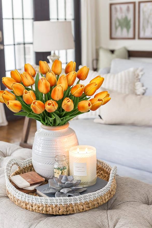 24 Pcs Orange Tulips Artificial Flowers Real Touch Fake Tulips Fake Flowers for Mother's Day 13.5" Faux Tulips Faux Flowers Bulk Artificial Tulips Flowers for Vase Centerpieces Home Wedding Bouquet