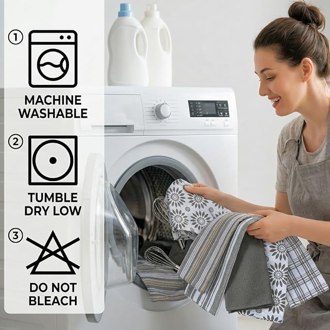WeWove Assorted Kitchen Towels Set of 5-100% Cotton Dish Cloths Towels with Hanging Loop - Soft Absorbent Washable Reusable for Kitchen Use - Quick Drying 16x26 inch Dish Towels Grey