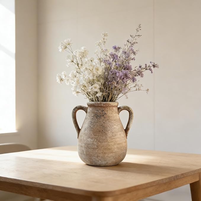 Ceramic Flower Vase Home Decor - 7.5 Inch Farmhouse Rustic Table Vases Living Room Decoration Decorative Vintage Pottery for Kitchen Shelf Coffee Dining Bookshelf Fireplace Centerpiece (Rustic-7.5")