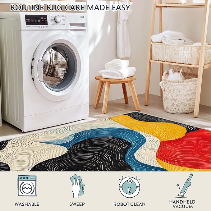 8x10 Colorful Area Rug Modern Abstract Black White Blue Beige Red Yellow Bedroom Rug Soft Low Pile Thin Large Carpet Living Room Non Slip Dining Room Stain Resistant Office Washable Machine