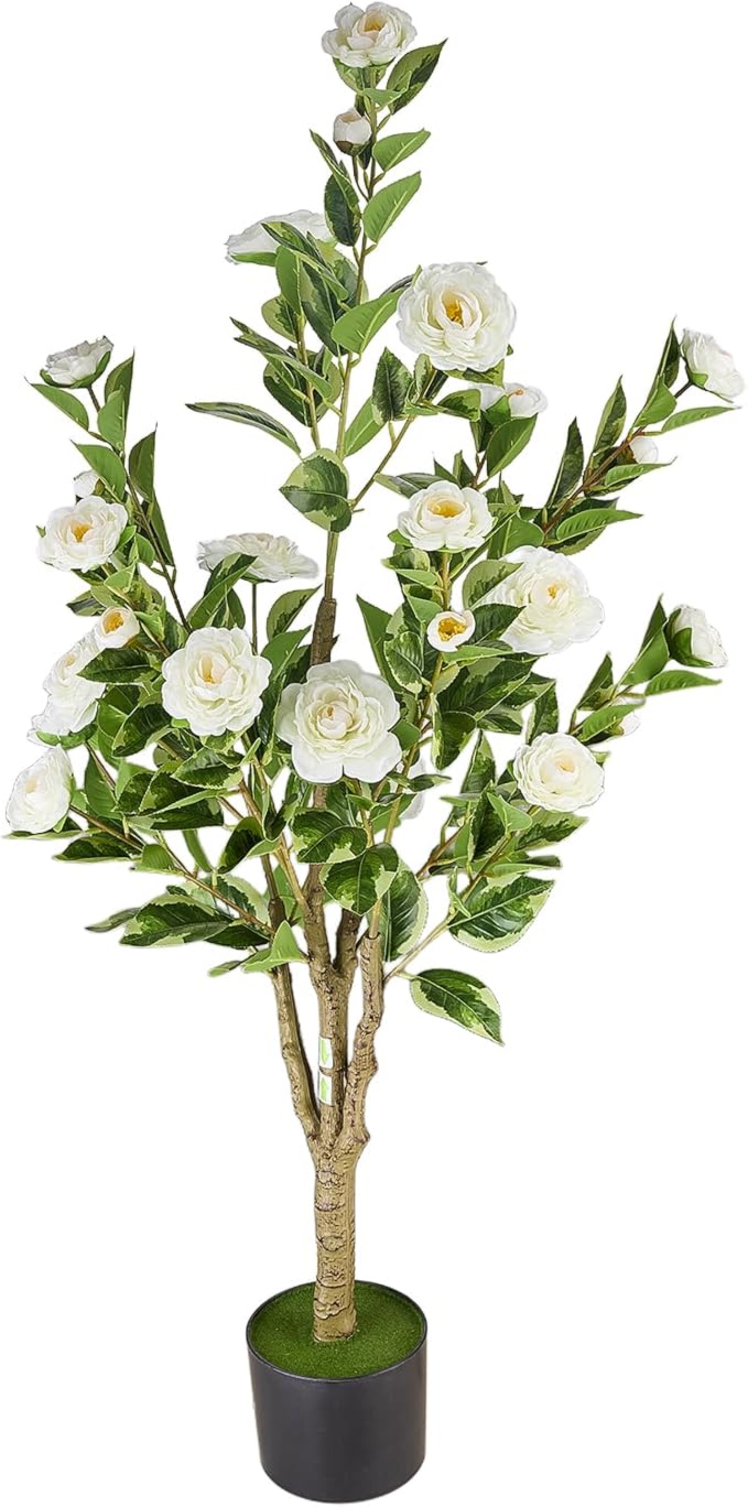 5.2FT Artificial Camellia Tree, White Silk Flower Faux Plant - Realistic Potted Greenery for Indoor/Outdoor, Office & Home Room Decor, Ideal for Wedding Venue Decoration