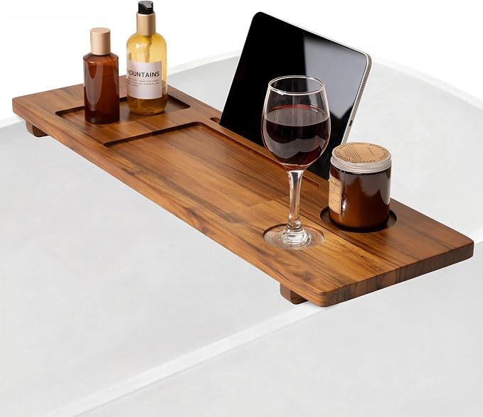 Teak Bathtub Tray - Wood Bath Caddy Tray 29" for Small Tubs - Adjustable Bathtub Table Trays - Luxury Shower Organizer for Home Spa Relaxation and Reading - Light Walnut Color