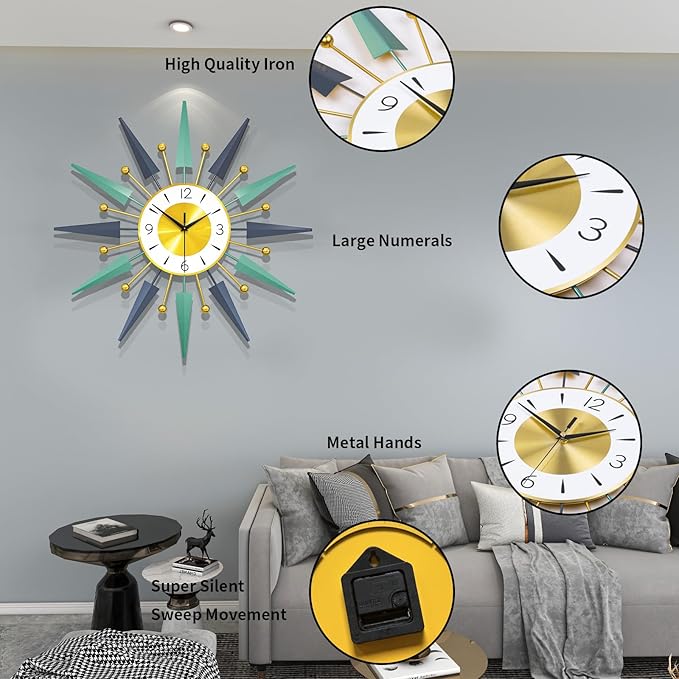 Large Modern Wall Clock for Living Room Decor,24 Inch Big Decorative Starburst Metal Wall Clock Battery Operated for Kitchen Bedroom Office,Silent Mid-Century Colorful Clock for Home Decor