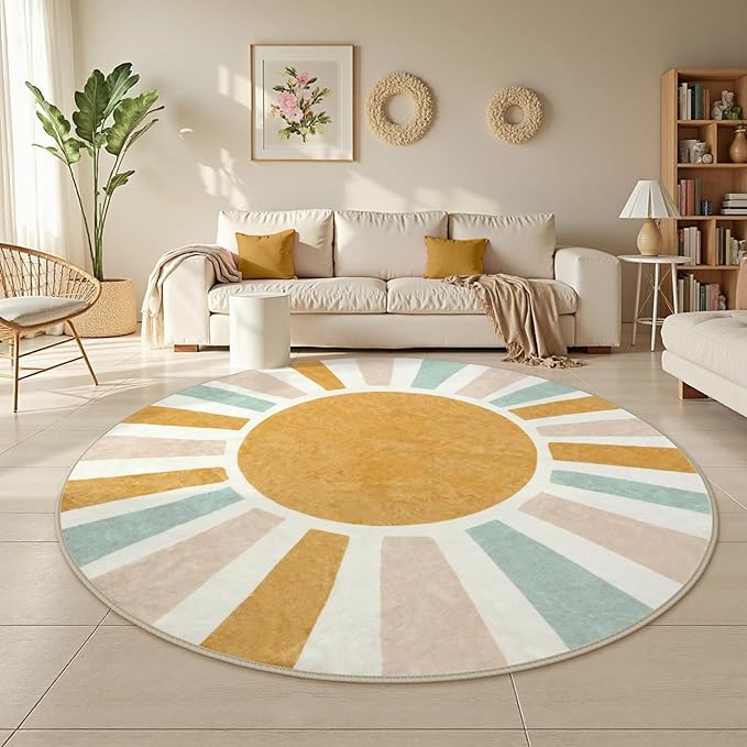 LIVEBOX Washable Boho Rug 6ft Large Round Rug for Nursery Room, Non-Slip Soft Throw Circle Rugs for Living Room, Colorful Rainbow Circular Rugs for Kids Room