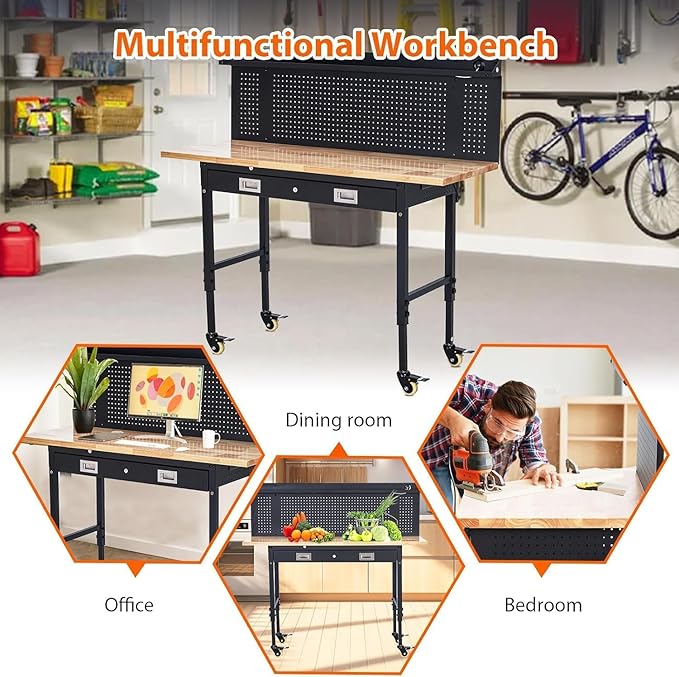 TrailBlaze 60"x 22" Workbench with Drawer Storage, Heavy Duty Workstation with Backplate & Light Strip, Multipurpose Rubber Wood Shop Table with Power Outlets, Hooks -2000LBS Load Capacity