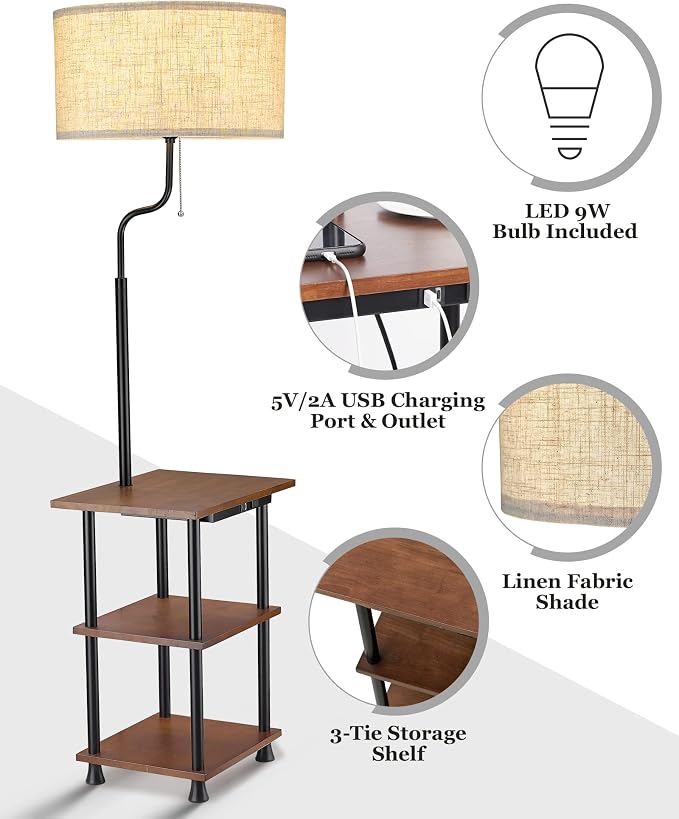 ELYONA Rubber Wood Floor Lamp with Table, Rustic End Table Lamp with USB & Type C Charging Port & Outlet, 3-Tier Shelf Nightstand Tall Standing Lamp for Living Room, Bedroom, Office, LED Bulb Included