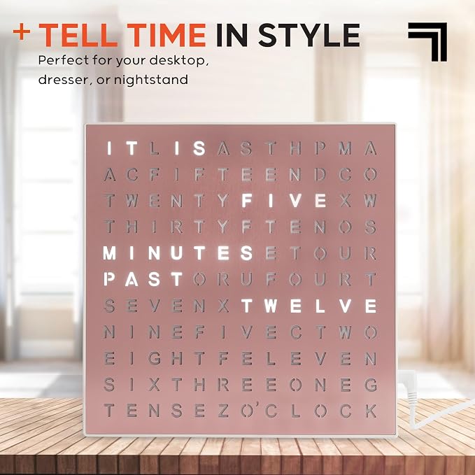 Sharper Image LED Word Digital Clock, 7.75", Rose Gold Finish, Light-Up Desk & Wall Clock, Modern Time Display, Shelf or Wall Decor for Home Office, Living Room, Kitchen & Bedroom, Housewarming Gift