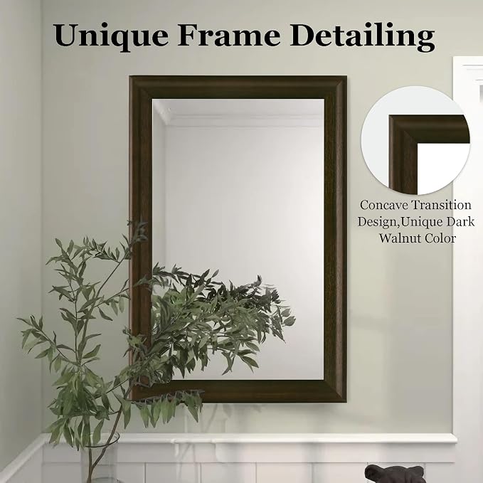 CULER Rustic Wood Wall Mirror for Bathroom,Rectangle 24 x 36 inch Hanging Black Mirrors with Wooden Frame for Living Room,Bedroom,Entryway(Dark Walnut)