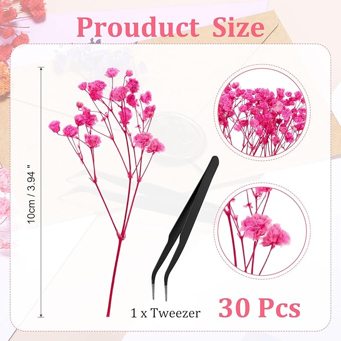 PATIKIL Mini Dried Gypsophila Flower Kit, 30Pcs 4 Inch Rose Pink Natural Pressed Floral Bundles with Tweezer for DIY Resin Crafts Gift Wedding Christmas Card Decor Flower Bouquets