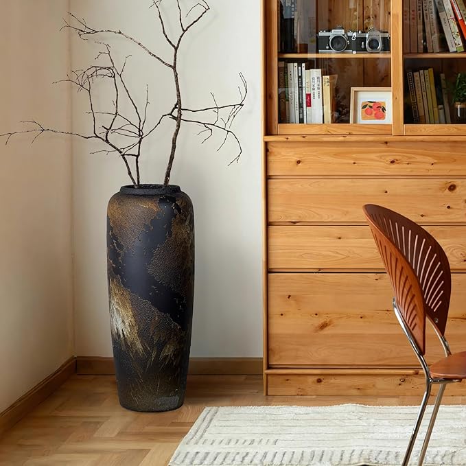 Black Rustic Ceramic Tall Floor Vase, 19.7 Inch Vintage Large Farmhouse Vase Pottery Clay Terracotta Rustic Vases for Home Decor Living Room Entryway Table Centerpieces,Kitchen,Housewarming Gifts