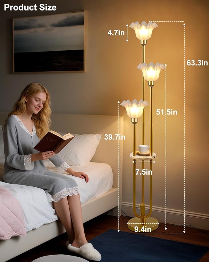 Vintage Flower Floor Lamp for Living Room, Mid Century Modern Floor Lamp Dimmable with Shelf & LED Bulbs, 3 Light 3000K Warmwhite Gold Tall Standing Lamp for Bedroom Girls Room Home Decor