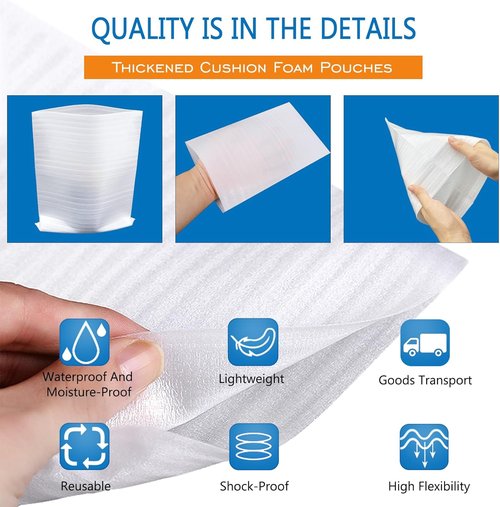Foam Pouches - 100 Pack Cushion Wrap for Moving & Storing | 10"x12" Foam Protects Fragile Items