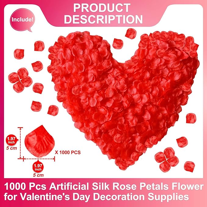 LHOAVWE 1000 PCS Red Rose Petals Artificial Rose Petals for Wedding Proposal Anniversary Love Romantic Night Decorations