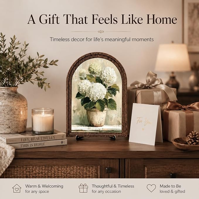 Tabletop Decor White Hydrangea Sign, Arched Wooden Frame with Stand, Flower Home Retro Decorations, Farmhouse Floral Decor, Rustic Potted Flower Art for Living Room Bedroom