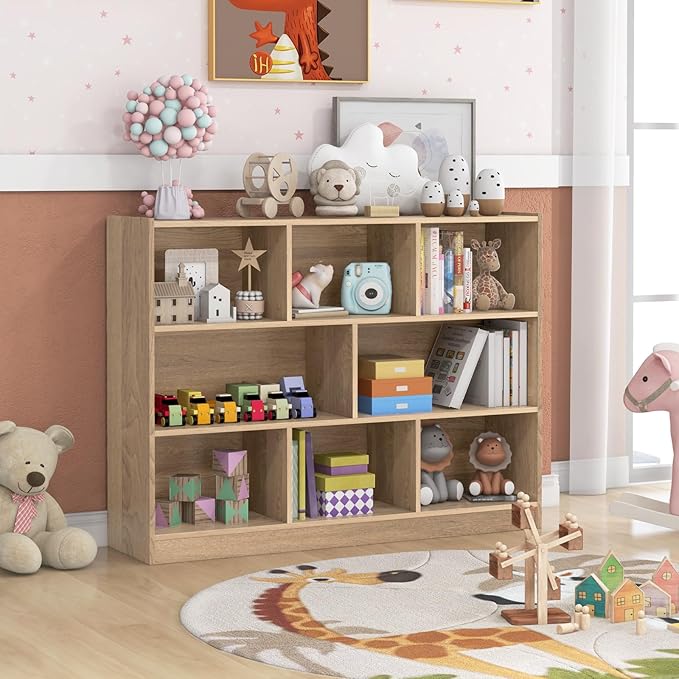 KOTEK Toy Storage Organizer, 8 Cubby Kids Bookshelf, Wooden 4-Tier Bookcase Storage Cabinet, Open Display Book Shelf for Daycare, Nursery, School Classroom, Playroom & Living Room (Natural, 8 Cubes)