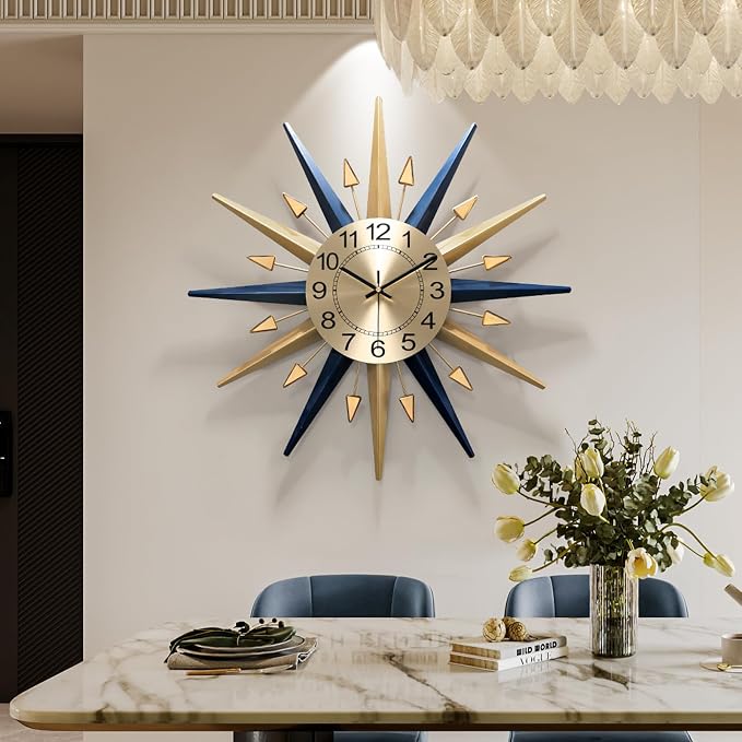Starburst Large Wall Clock,Mid Century Decorative Wall Clock Modern Silent Clock Battery Operated for Living Room/Kitchen/Entryway/Bedroom/Office/Dinning Room Metal Wall Decor