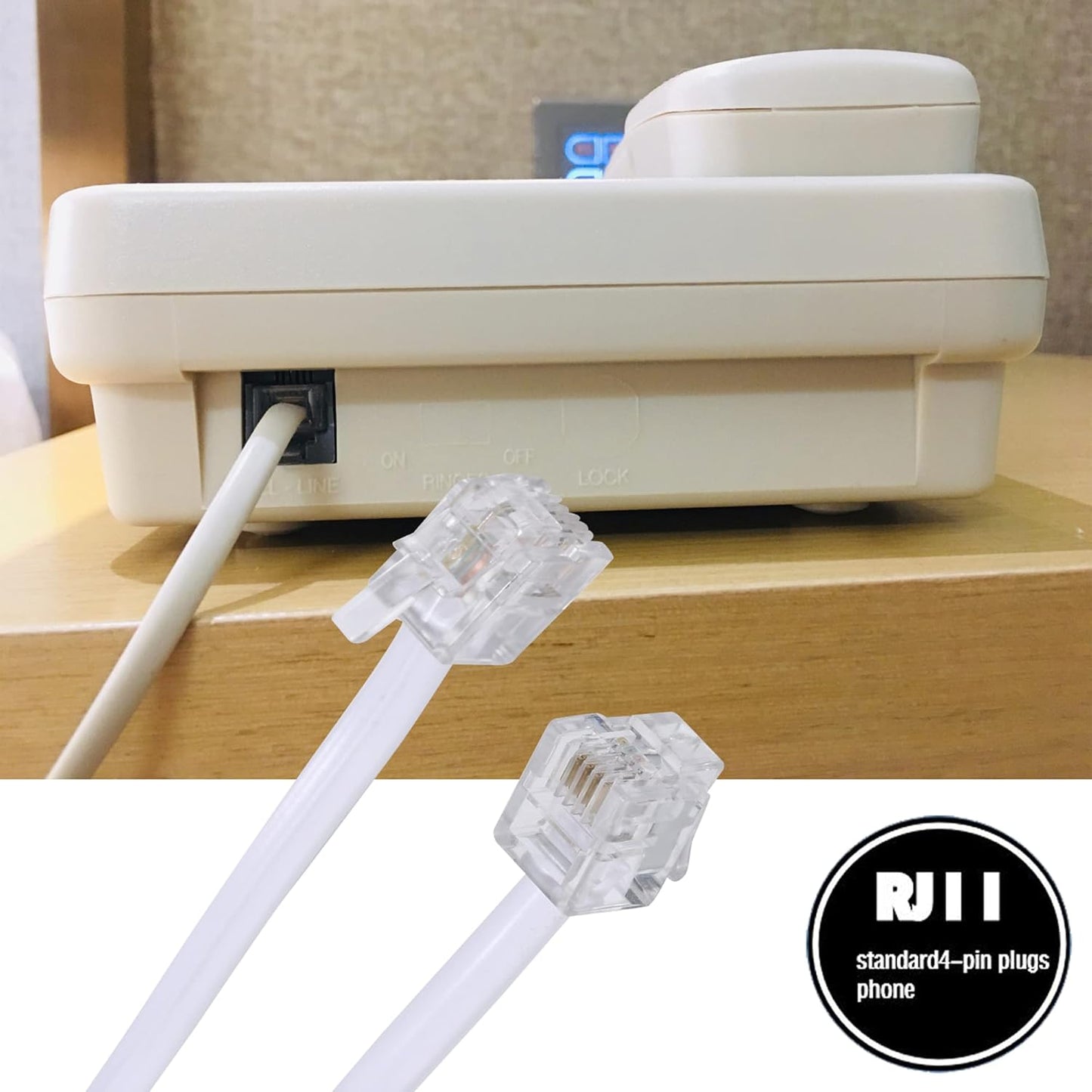 25 Feet Long Telephone Extension Cord by [Brand Name] - Standard RJ11 Plug, In-Line Couplers & Cable Clips | White