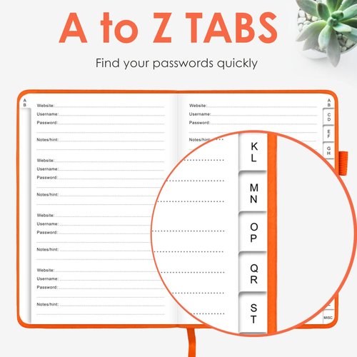 Elegant Password Book - Hardcover Organizer with Alphabetical Tabs & Back Pocket | 5.2" x 7.6" (Orange)