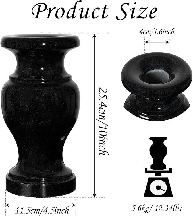 Cemetery Vase, Turned Granite Vase Polished, Black Memorial Stone Vases with Draining Holes for Home Tabletop, Cemetery Flowers, Grave Headstone Decorations (2Pcs, Black)