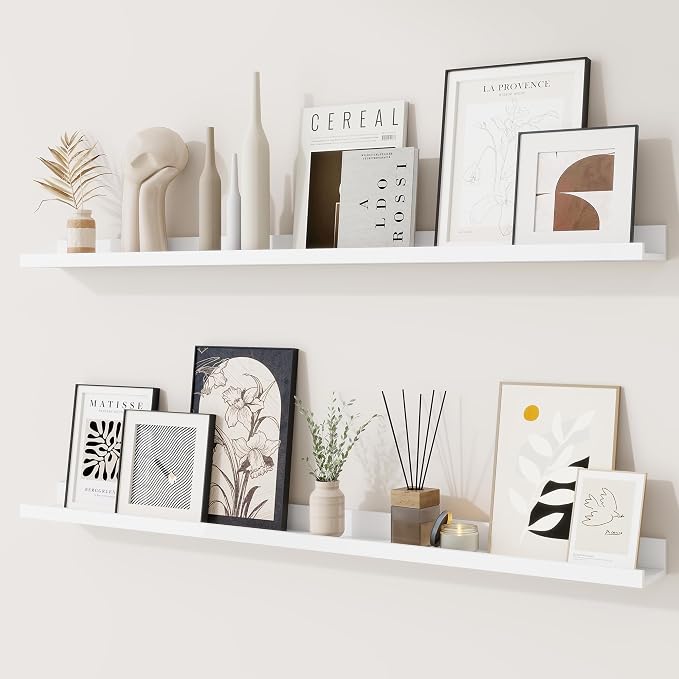 RICHFOCUS Picture Ledge Shelf, 40 inch Floating Shelves Set of 2, Wood Wall Shelves with Lip, Wall Decor Storage for Bedroom Living Room Bathroom Kitchen Nursery Photo Picture, White