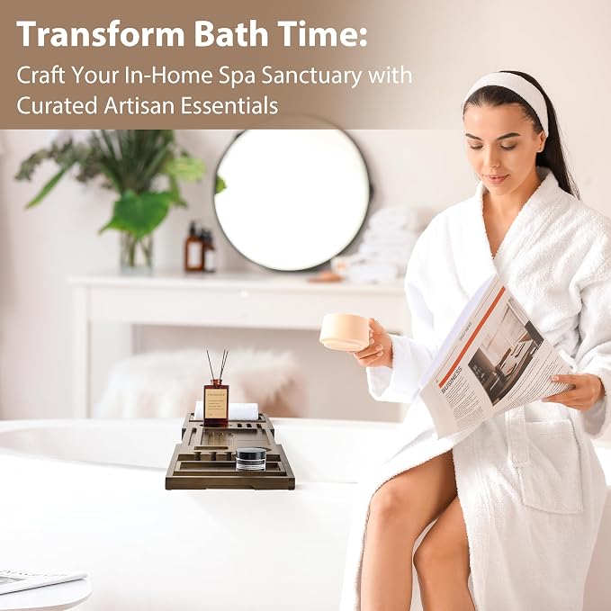 Teak Bathtub Tray | Adjustable Width Tray with Wine Holder, Tablet/Phone & Book Stand, Splash-Proof for Bath Time- Walnut