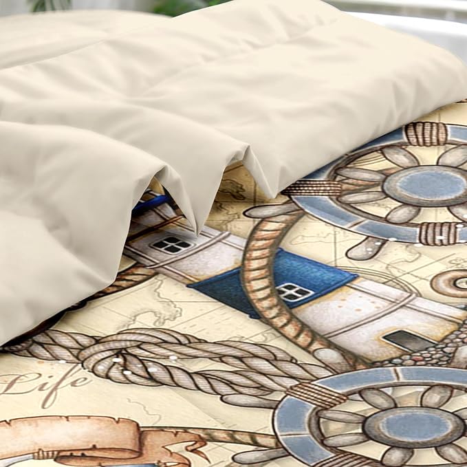 Comforter Set Queen Size, Vintage Nautical Lighthouse Map 7 Pcs Bedding for Kids and Adults, Retro Anchor Beige Bed Sheet Sets with Fitted Sheet 2 Pillowcase & 2 Sham for Bedroom Bed Decor